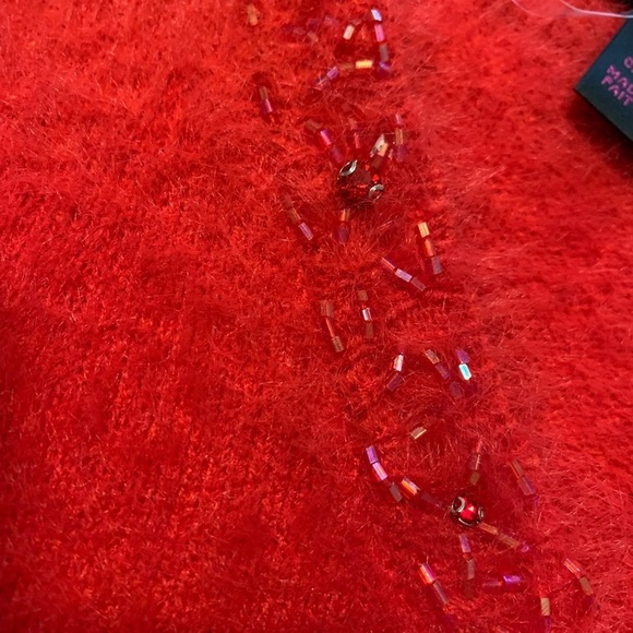 NWT Elena Wang Vibrant Red Eye-Lash V-Neck Jeweled Sweater Women Small - Picture 4 of 10